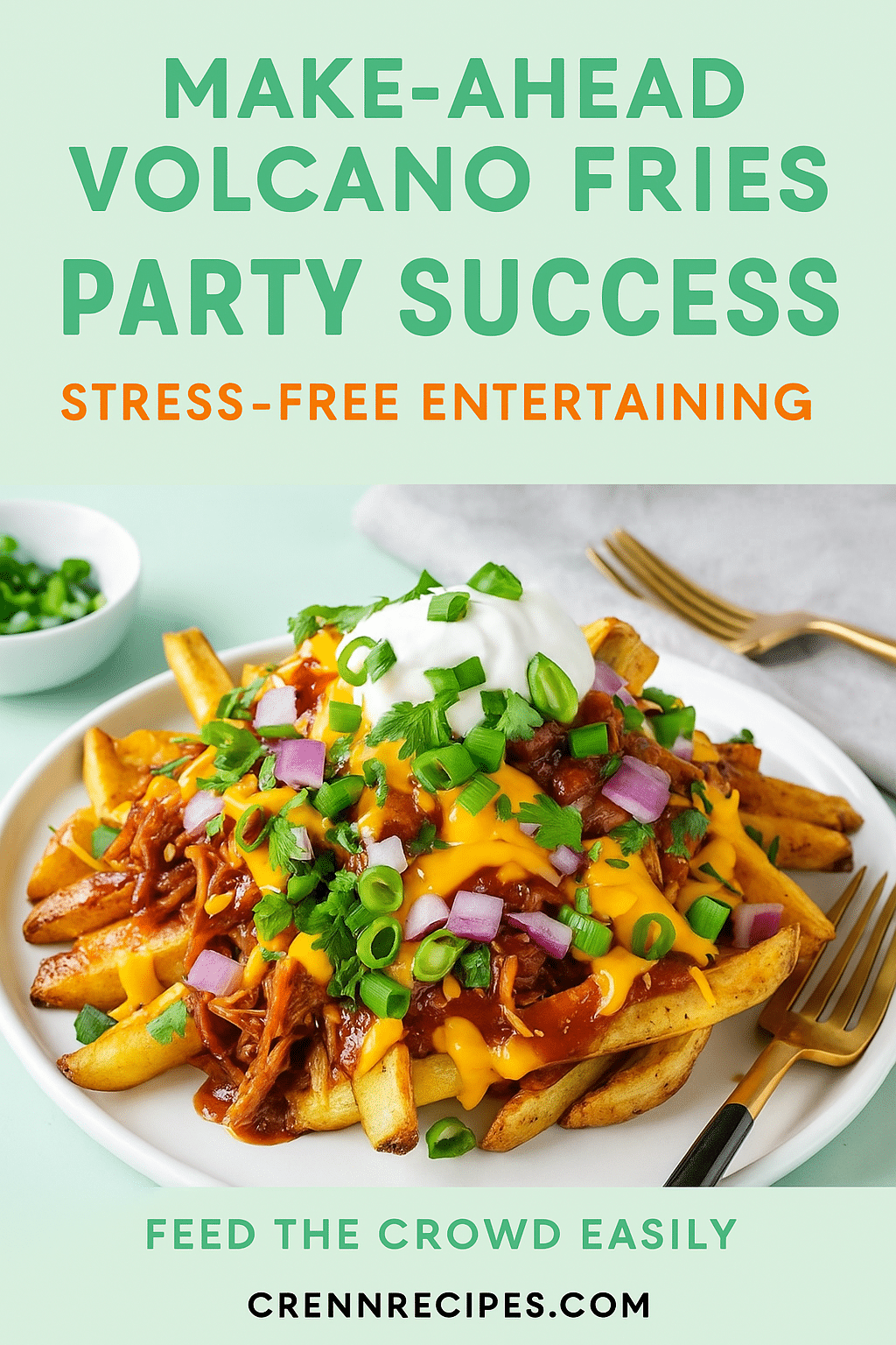 Make-ahead volcano fries Pinterest recipe pin - stress-free party entertaining BBQ pulled pork fries
