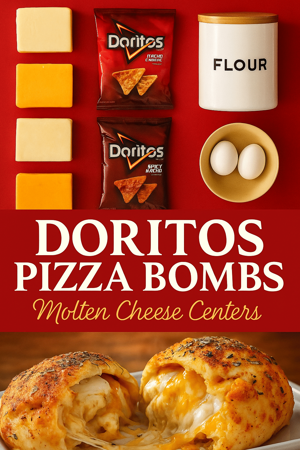 Doritos Pizza Bombs recipe Pinterest pin with molten cheese centers and ingredient display