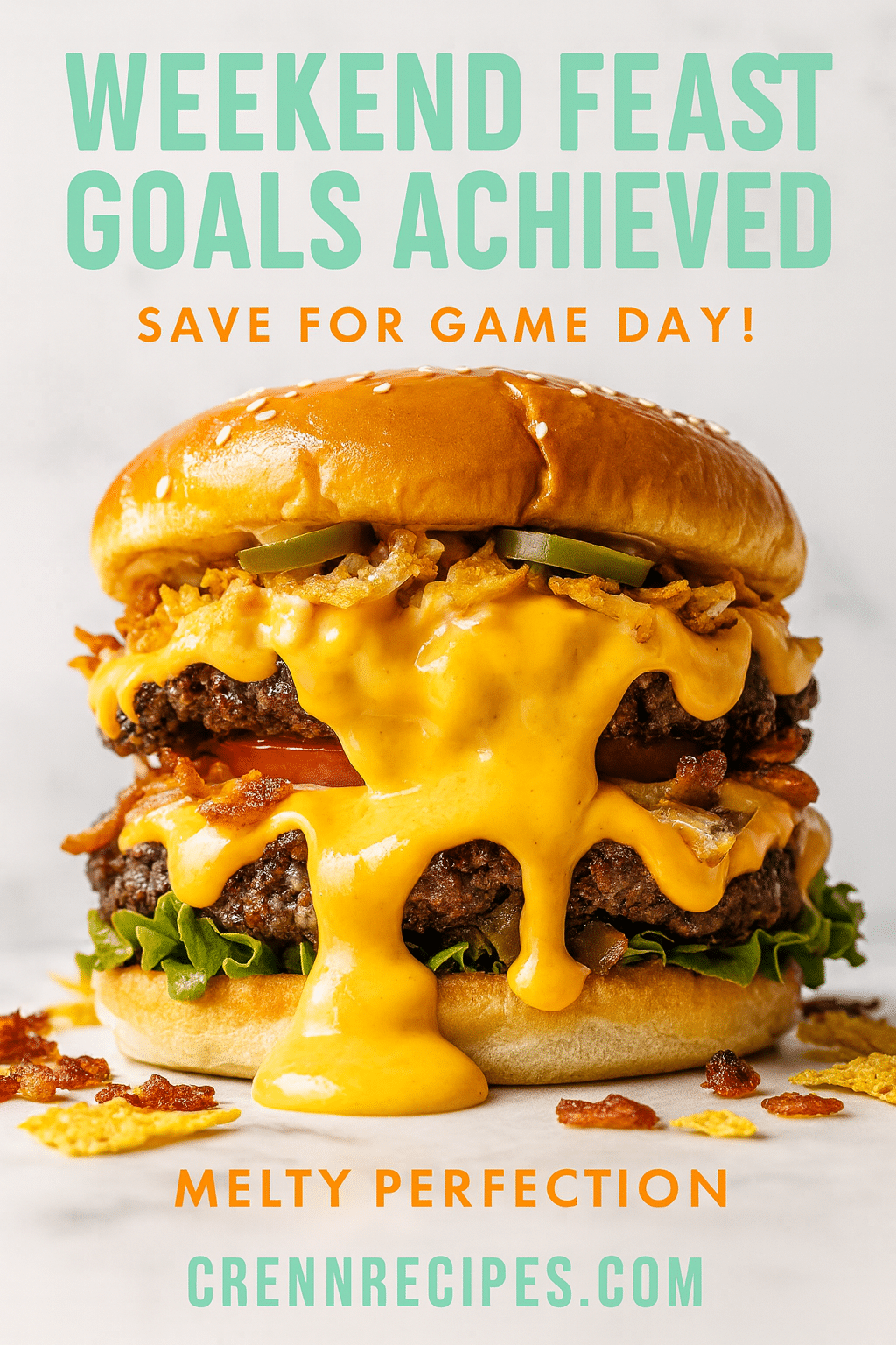 Triple Nacho Queso Lava Burger Pinterest recipe pin - Weekend Feast Goals nacho queso lava burger