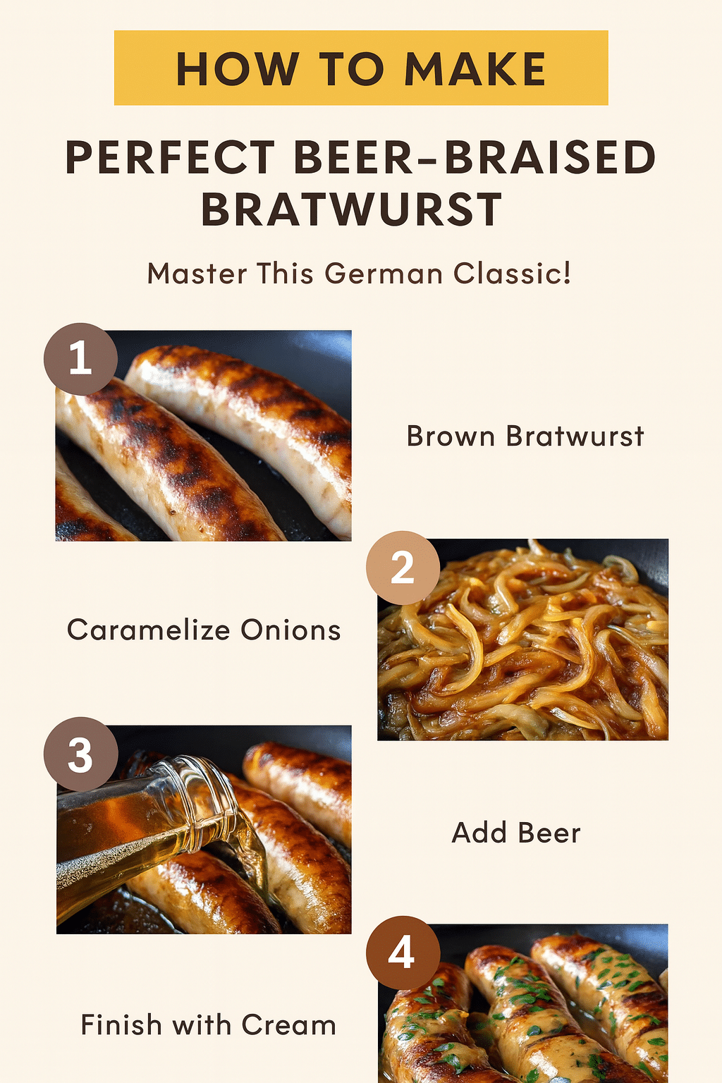 How to Make Perfect Beer-Braised Bratwurst tutorial pin - step-by-step elegant-entrees guide