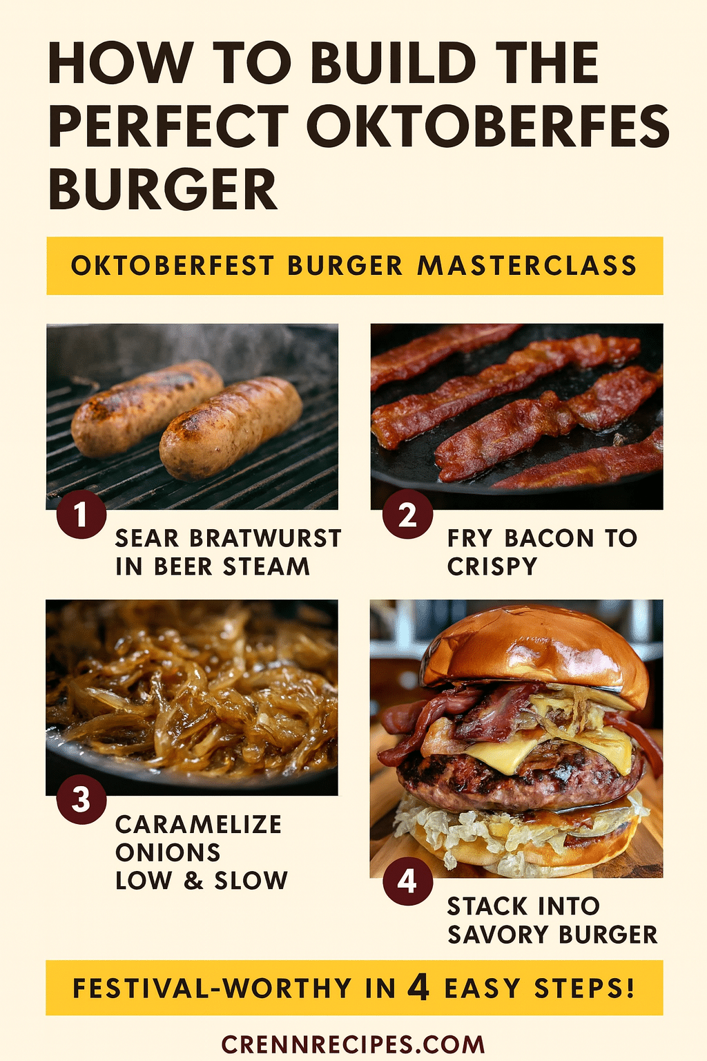 How to build perfect Oktoberfest burger tutorial pin - step-by-step bratwurst burger guide