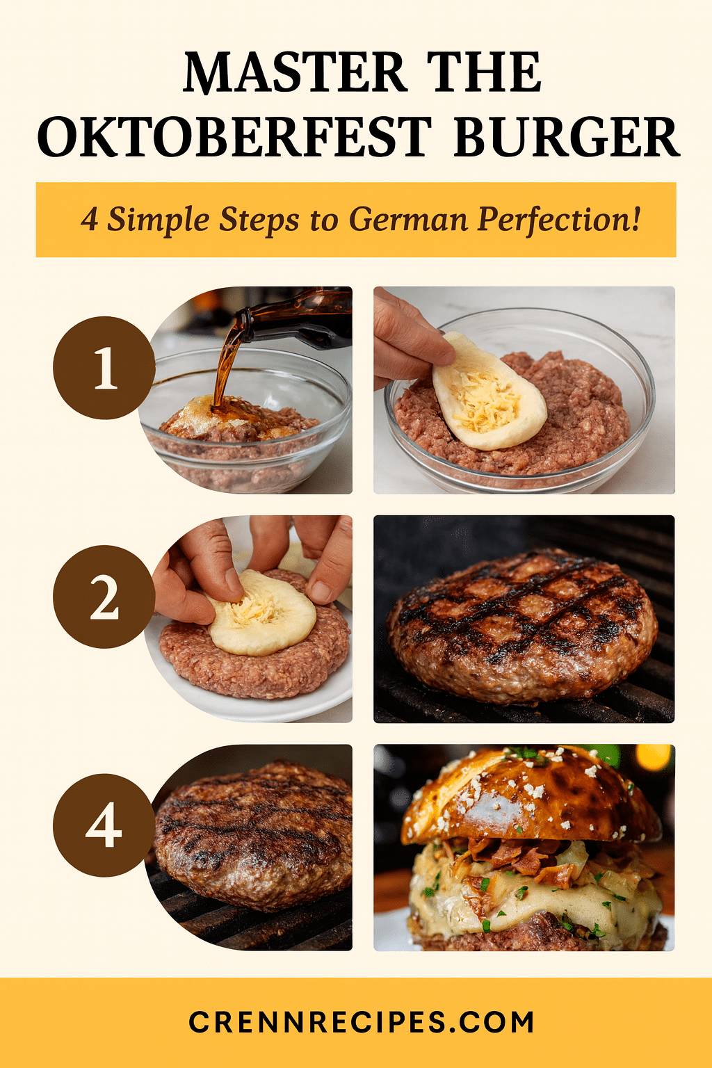 How to build perfect Oktoberfest burger tutorial pin - step-by-step elegant-entrees guide