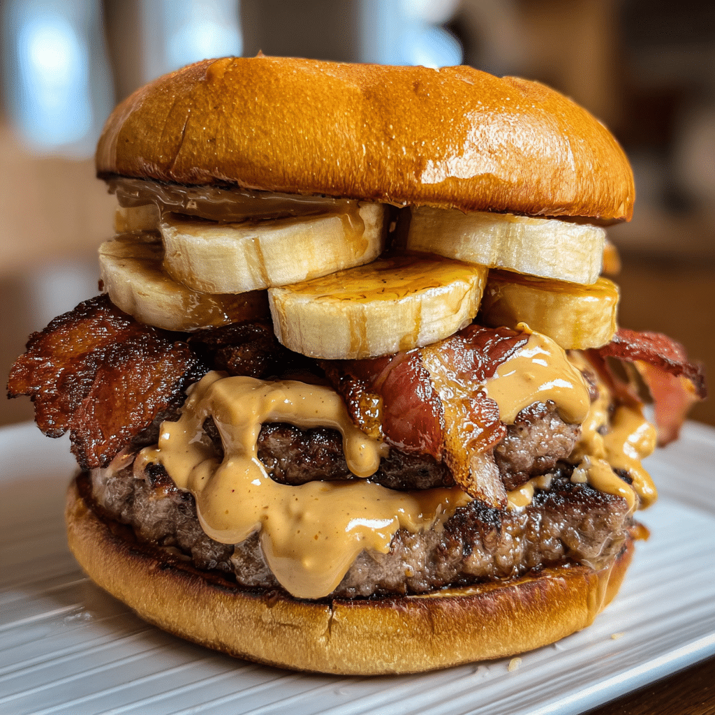 Peanut butter banana bacon burger with caramelized bananas and crispy bacon on brioche bun - premium CrennRecipes creation