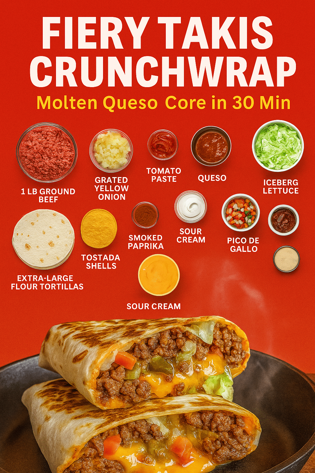Game day Crunchwrap recipe Pinterest pin showing 30-minute cooking method with kitchen tools