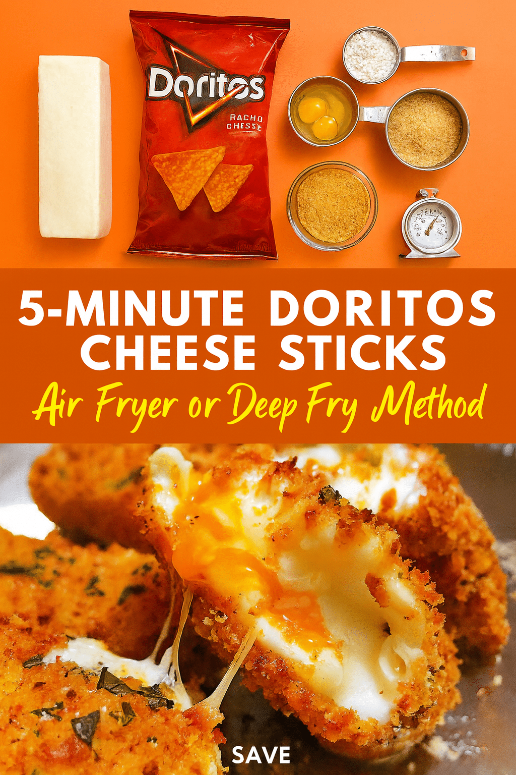 Pinterest recipe pin for 5-minute Doritos cheese sticks with air fryer and deep fry cooking methods