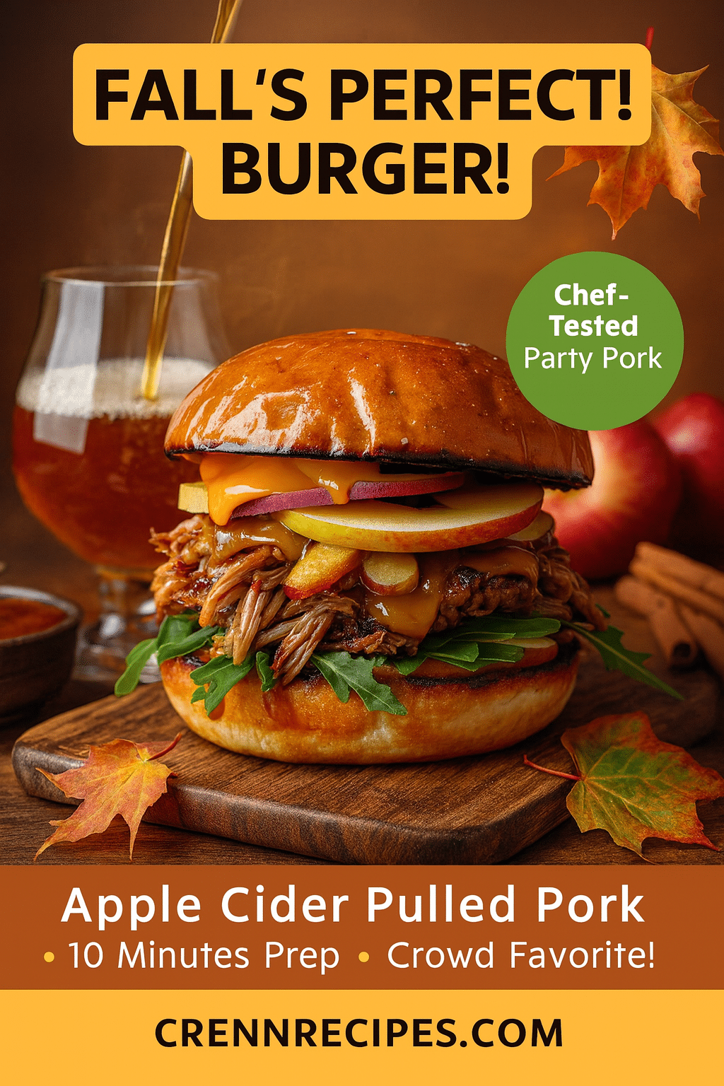 Pinterest pin for Apple Cider Pulled Pork Harvest Burger - 10 minutes prep fall entertaining