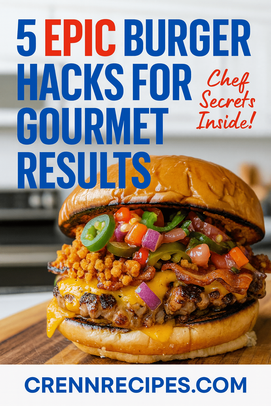 Pinterest pin for gourmet burger collection - chef secrets bacon blaze jalapeño elegant-entrees