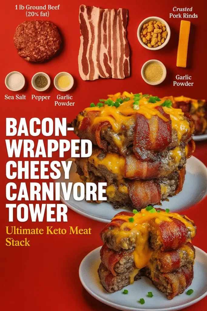 Pinterest pin for bacon-wrapped cheesy carnivore tower recipe with ingredient showcase and finished dish