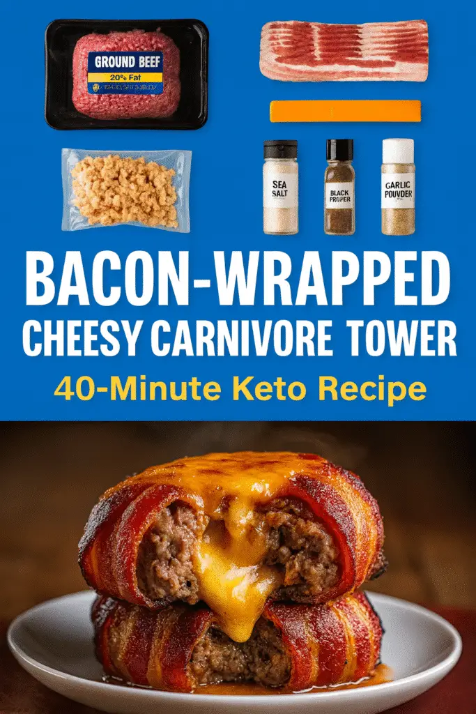 Pinterest recipe pin showing bacon-wrapped carnivore tower cross-section with melted cheese center