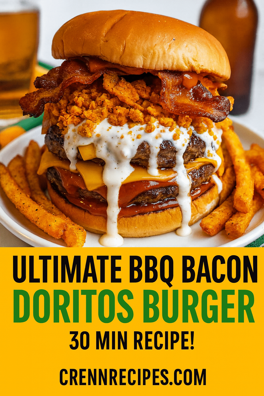 Pinterest pin for BBQ Bacon Doritos Burger with Ranch Lava Drizzle - 30 MIN RECIPE! gourmet-appetizers