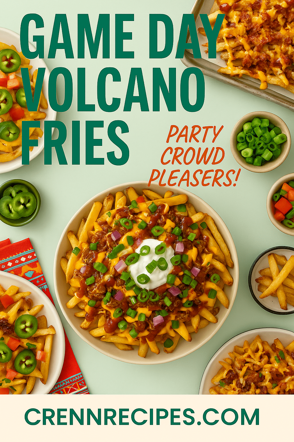 Pinterest pin for BBQ pulled pork volcano fries - party crowd pleasers gourmet appetizers
