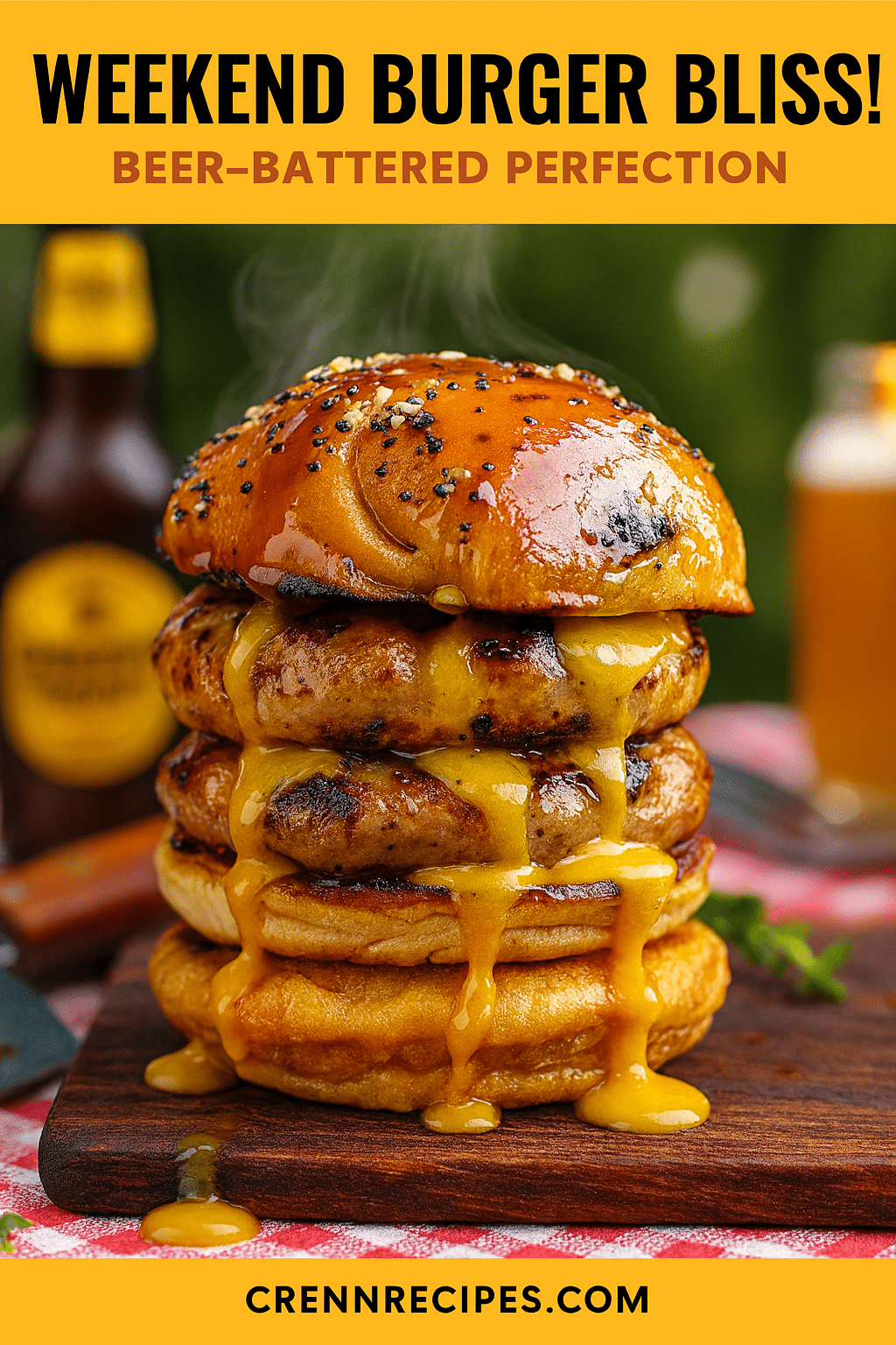 Pinterest pin for Beer-Battered Bratwurst Burger - weekend grilling brunch-classics