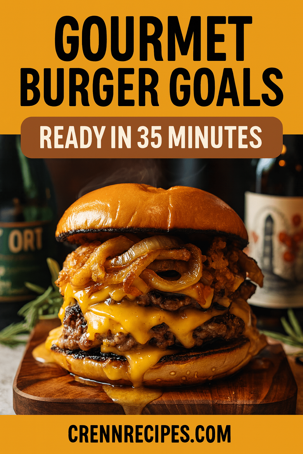 Pinterest pin for Beer-Battered Onion Smash Burger - Ready in 35 minutes elegant-entrees