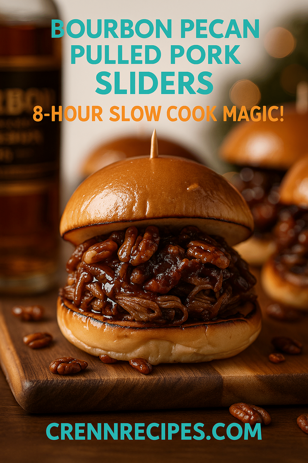 Pinterest pin for Bourbon Pecan Pie Pulled Pork Sliders - 8-hour slow cook magic gourmet-appetizers