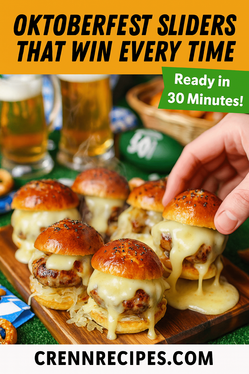 Pinterest pin for Oktoberfest Bratwurst Beer Cheese Sliders - Ready in 30 Minutes gourmet-appetizers