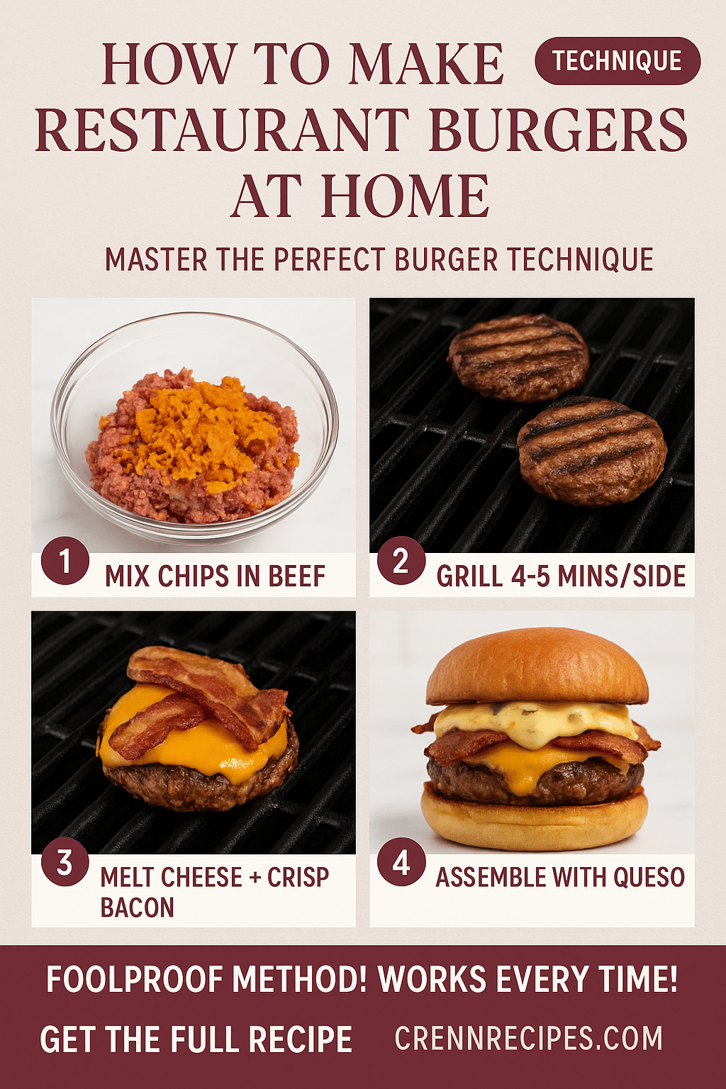Pinterest tutorial pin showing 4-step process for making Doritos Bacon Burger from mixing chips in beef to final assembly