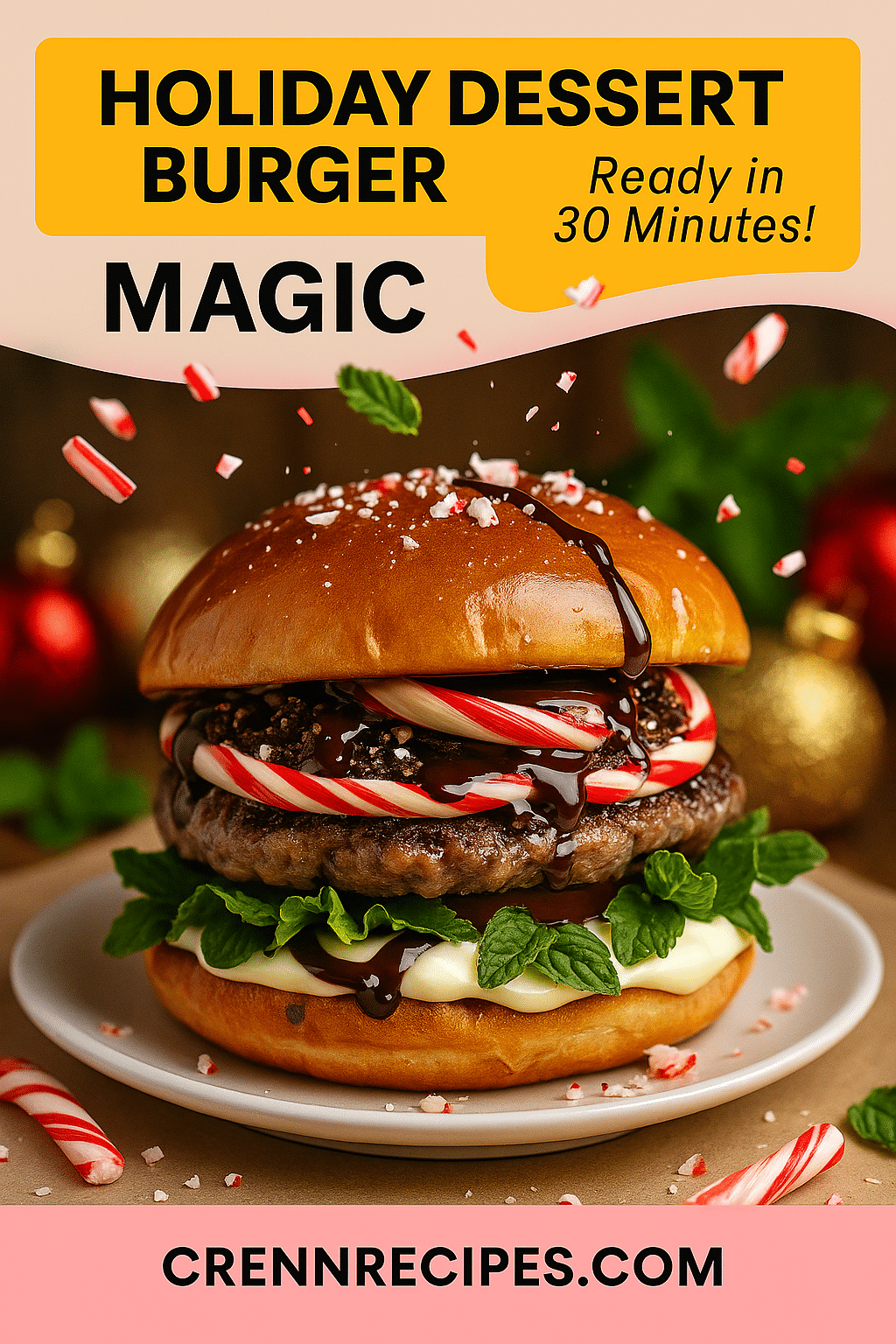 Pinterest pin for Candy Cane Peppermint Chocolate Burger - Ready in 30 Minutes sophisticated desserts