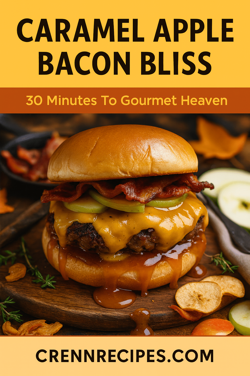Pinterest pin for Caramel Apple Cheddar Bacon Burger - 30 minutes gourmet burger recipe