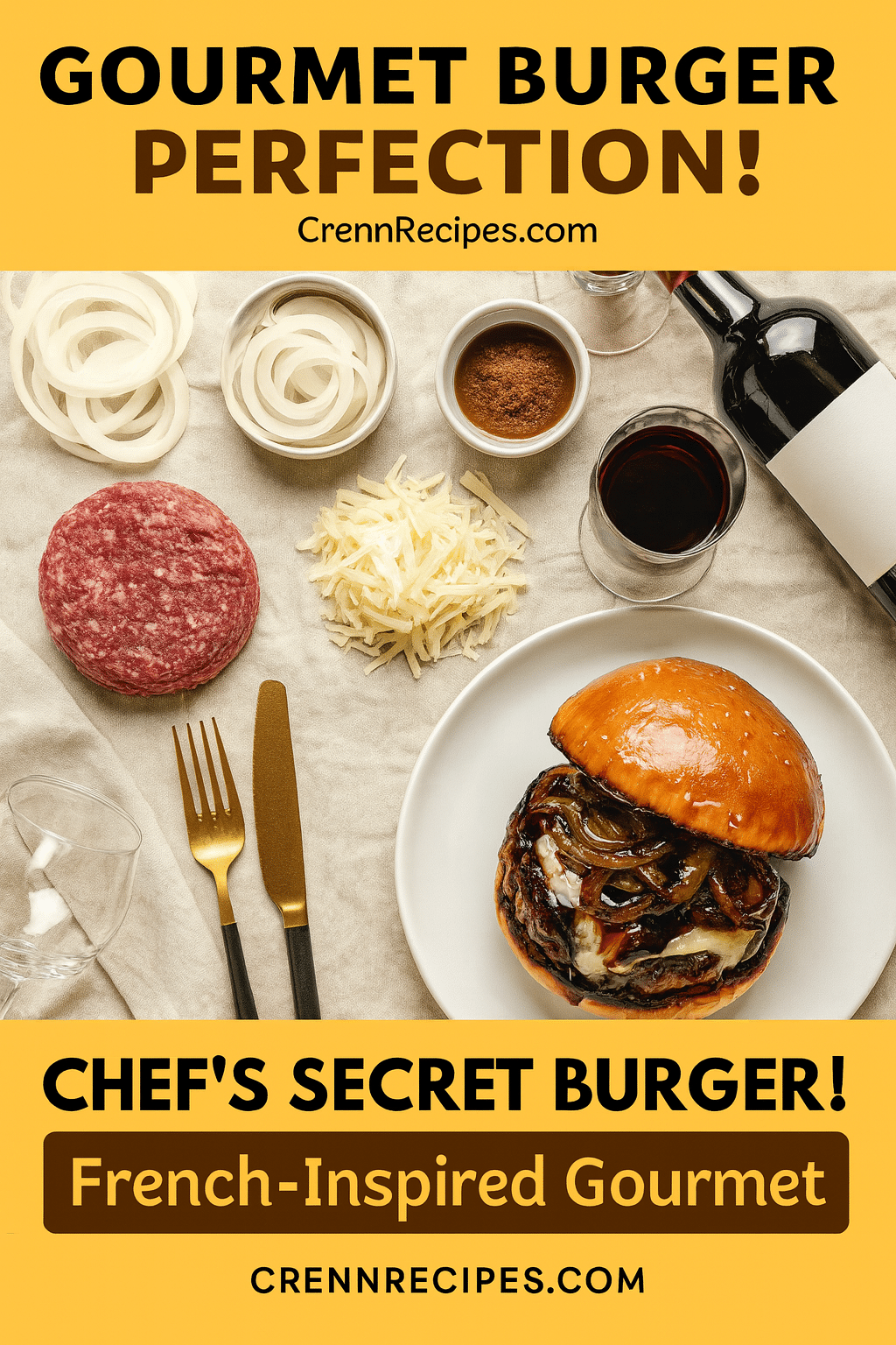 Pinterest pin for Caramelized Onion Gruyère Burger - French-Inspired Gourmet elegant-entrees