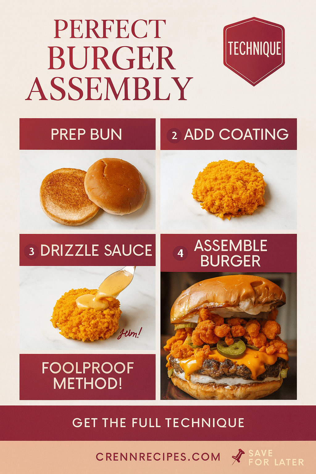 Pinterest tutorial pin showing step-by-step Flaming Hot Cheetos burger assembly technique