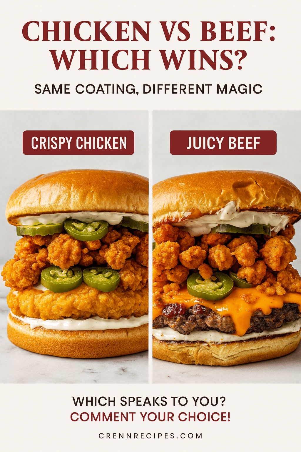 Pinterest comparison pin showing Flaming Hot Cheetos burger with chicken vs beef protein options