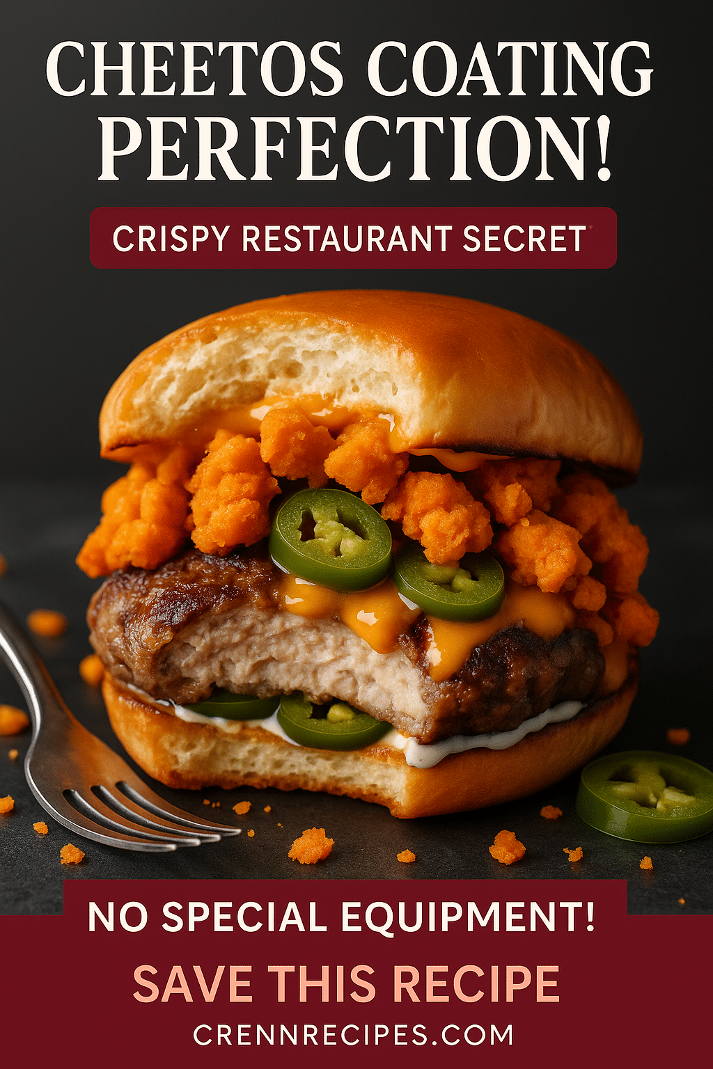 Pinterest recipe pin showing Flaming Hot Cheetos burger coating technique with cross-section view