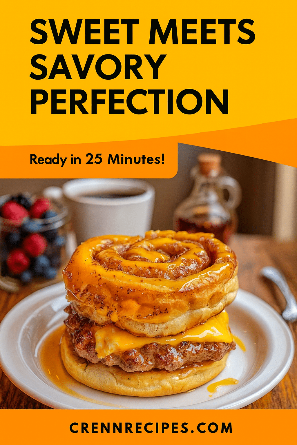 Pinterest pin for Cinnamon Roll Breakfast Burger - Ready in 25 Minutes brunch classics