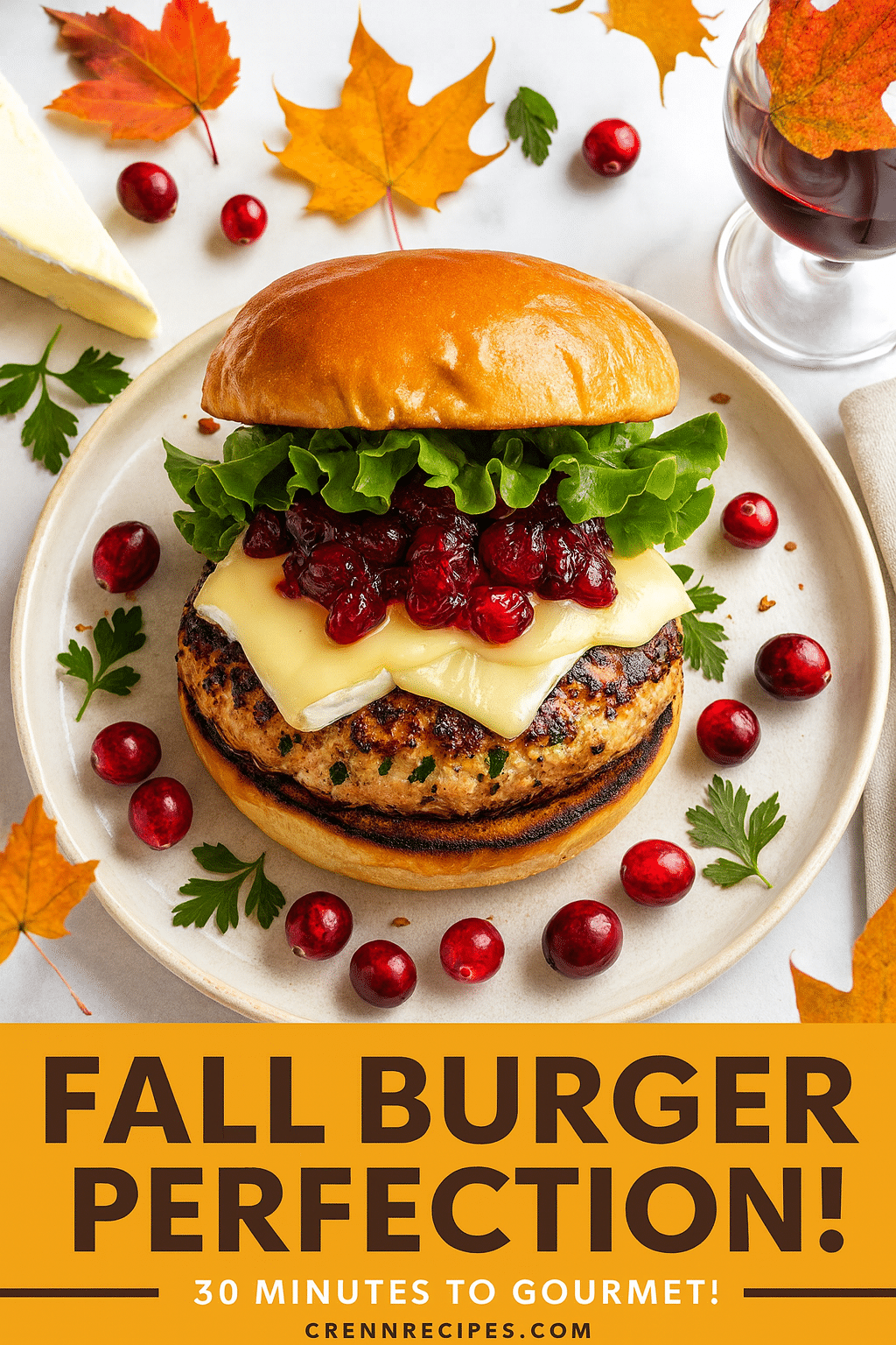 Pinterest pin for Harvest Cranberry Brie Chicken Burger - 30 minutes to gourmet elegant-entrees