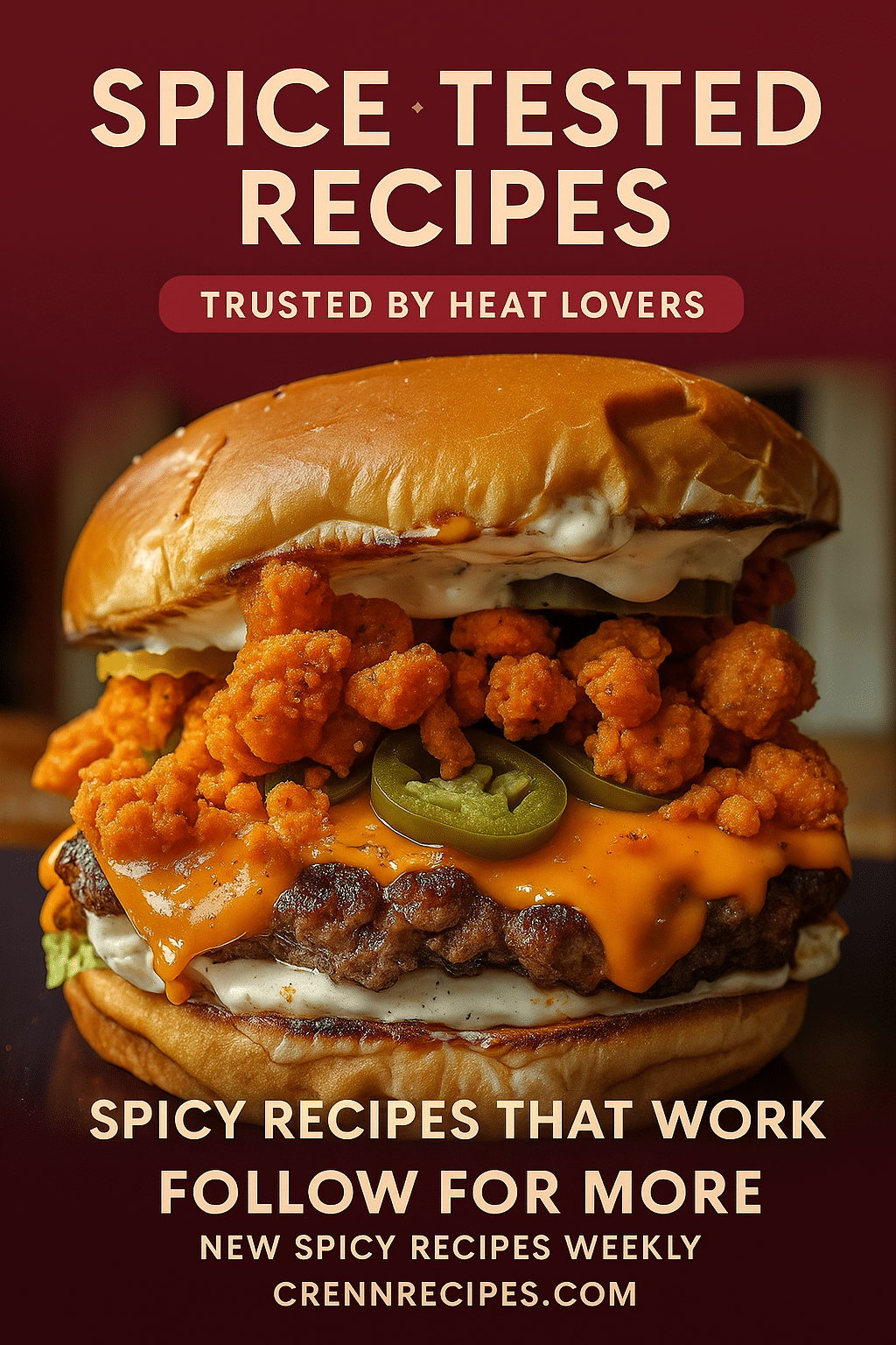 Pinterest brand authority pin for CrennRecipes featuring professional spicy cooking setup and expertise