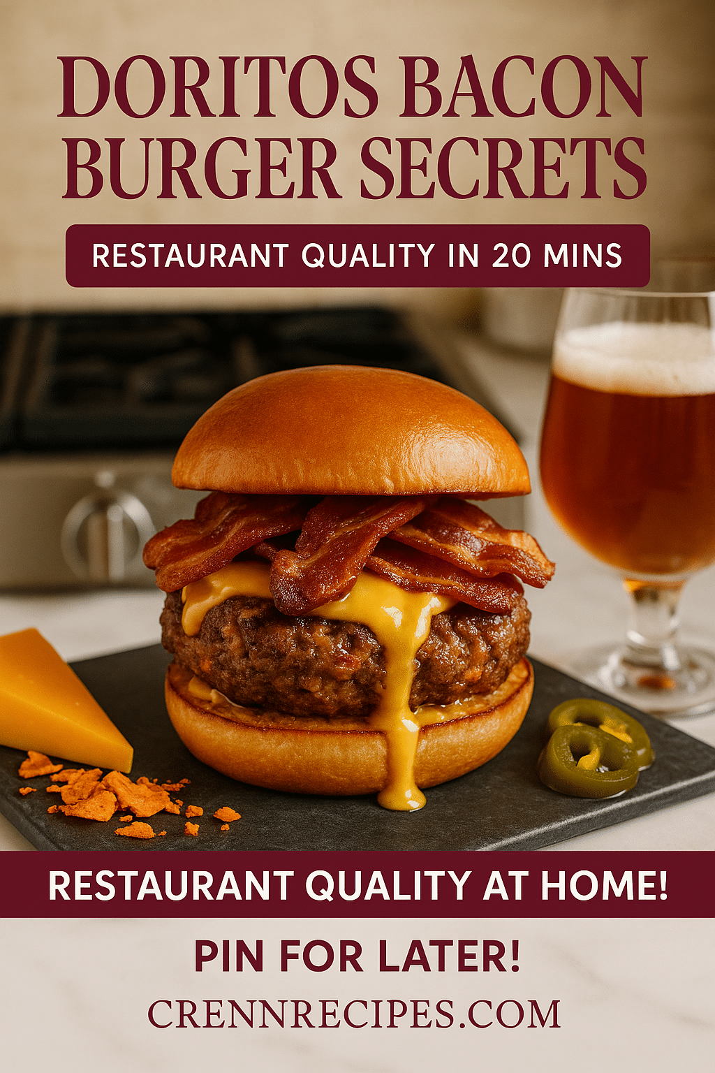 Pinterest-optimized pin showing Doritos Bacon Burger recipe with restaurant-quality presentation and ingredient highlights
