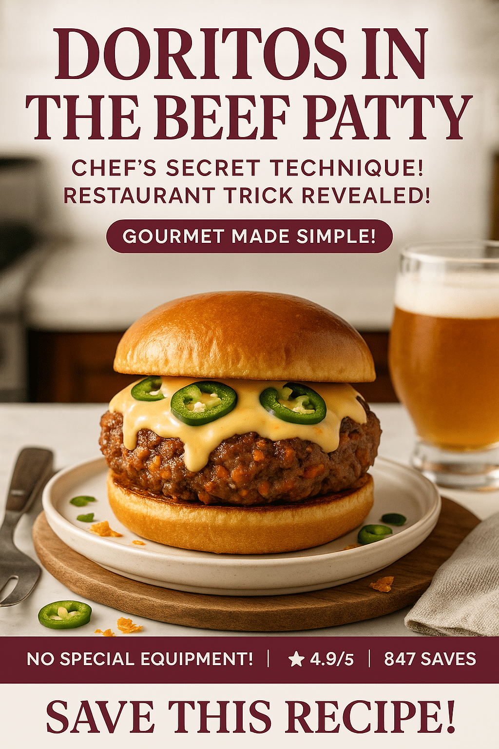 Close-up Pinterest pin of Doritos Bacon Burger showing crushed chips mixed into beef patty with jalapeño queso dripping