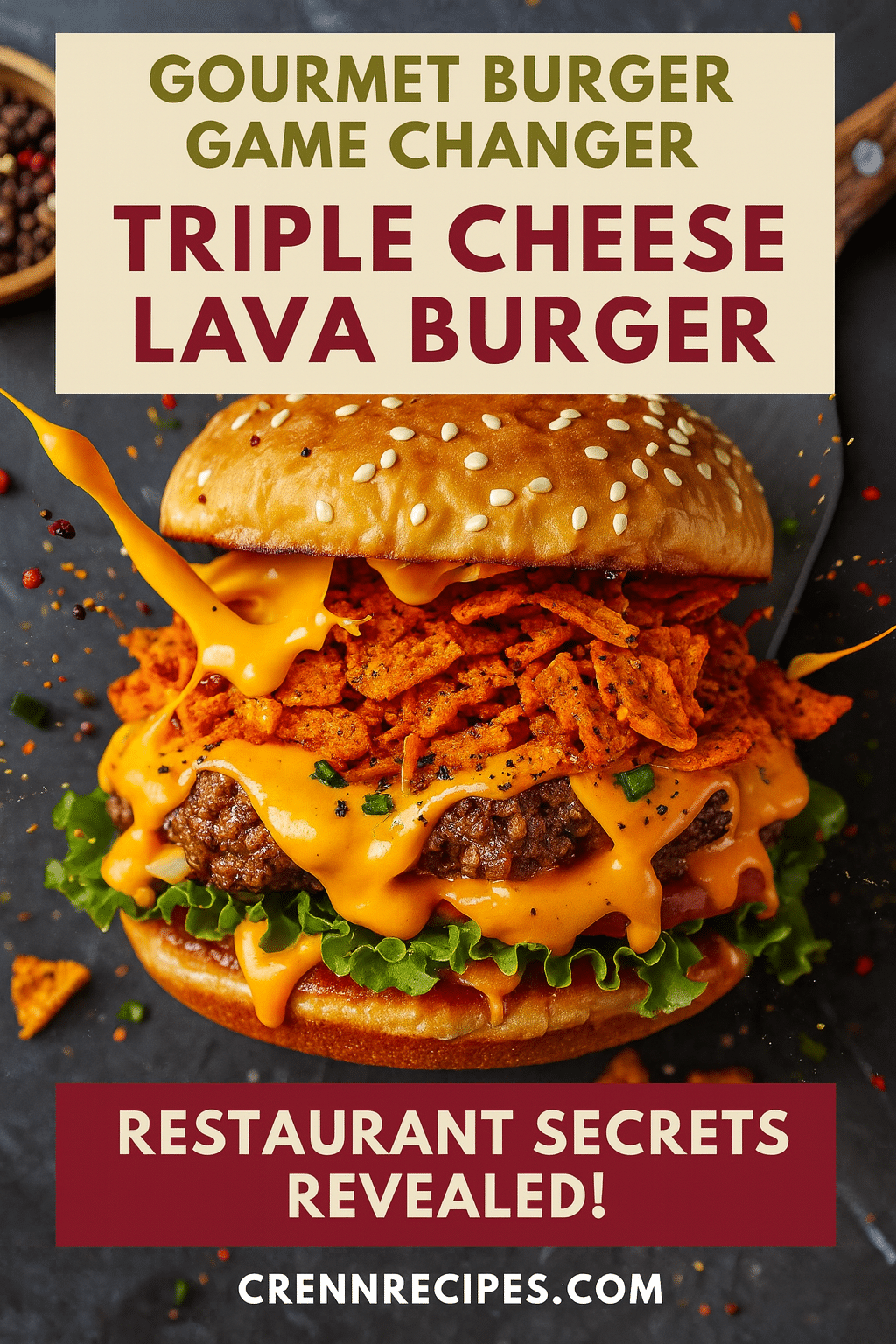Pinterest pin for Doritos Triple Cheese Lava Burger - restaurant secrets gourmet burger