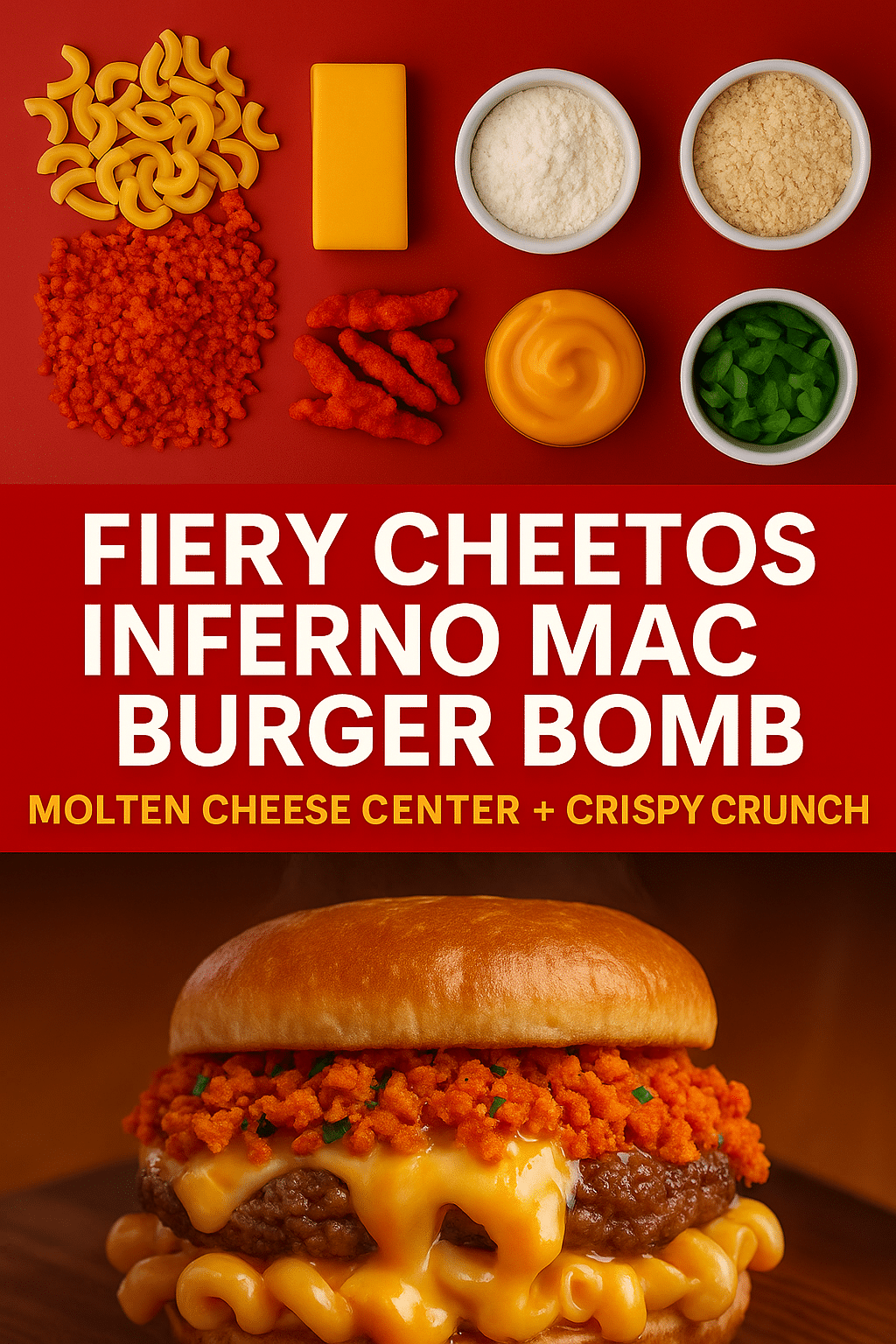 Fiery Cheetos mac and cheese burger bomb Pinterest pin with ingredient showcase and finished dish