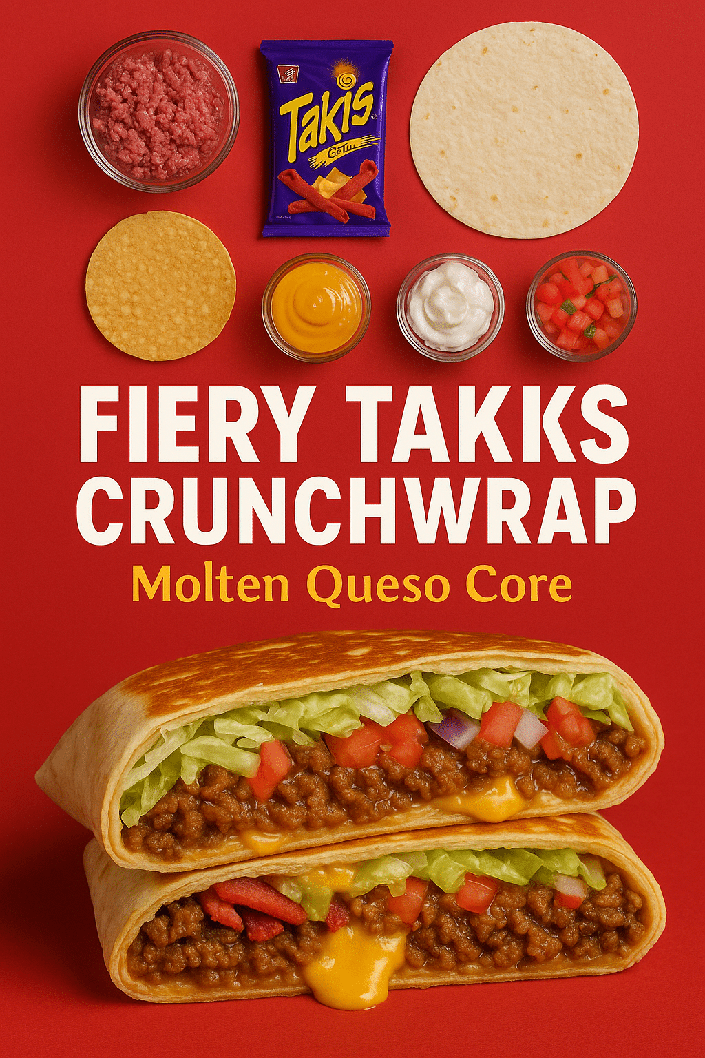 Pinterest pin for Fiery Takis Crunchwrap recipe with ingredient showcase and molten cheese center