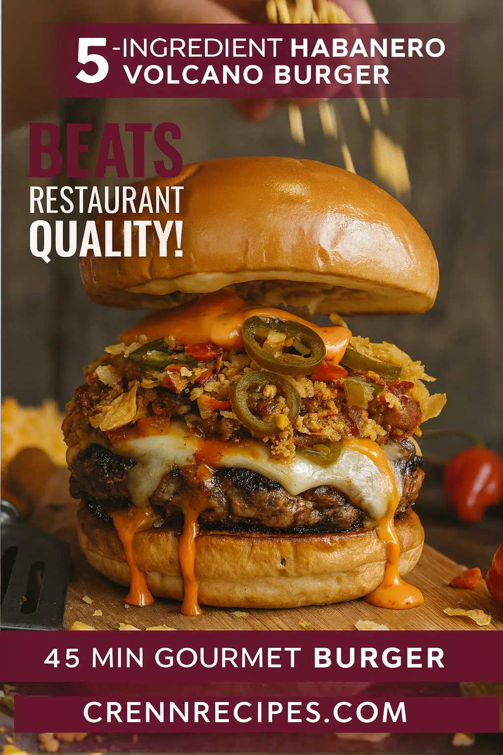 Pinterest pin for Habanero Volcano Burger - 45 minute gourmet burger