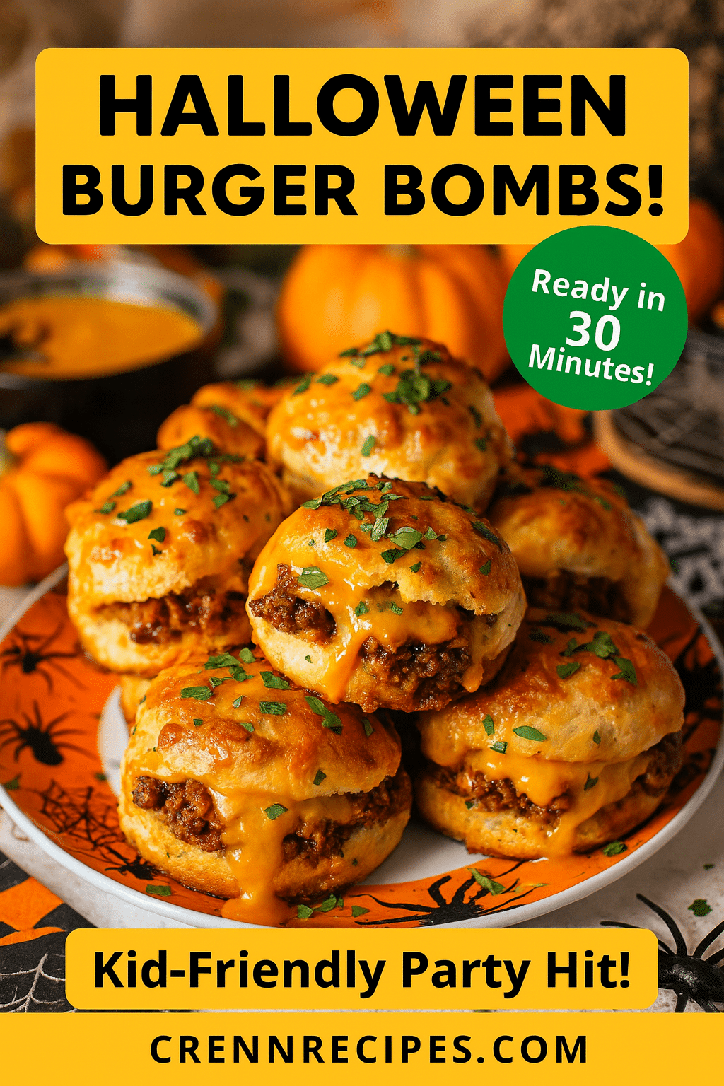 Pinterest pin for Halloween Nacho Cheese Burger Bombs - 30-minute party appetizers