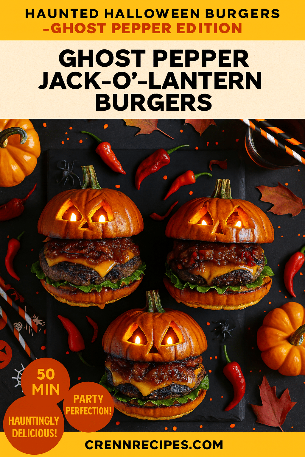 Pinterest pin for Ghost Pepper Jack-O'-Lantern Burgers - 50 minute Halloween party recipe