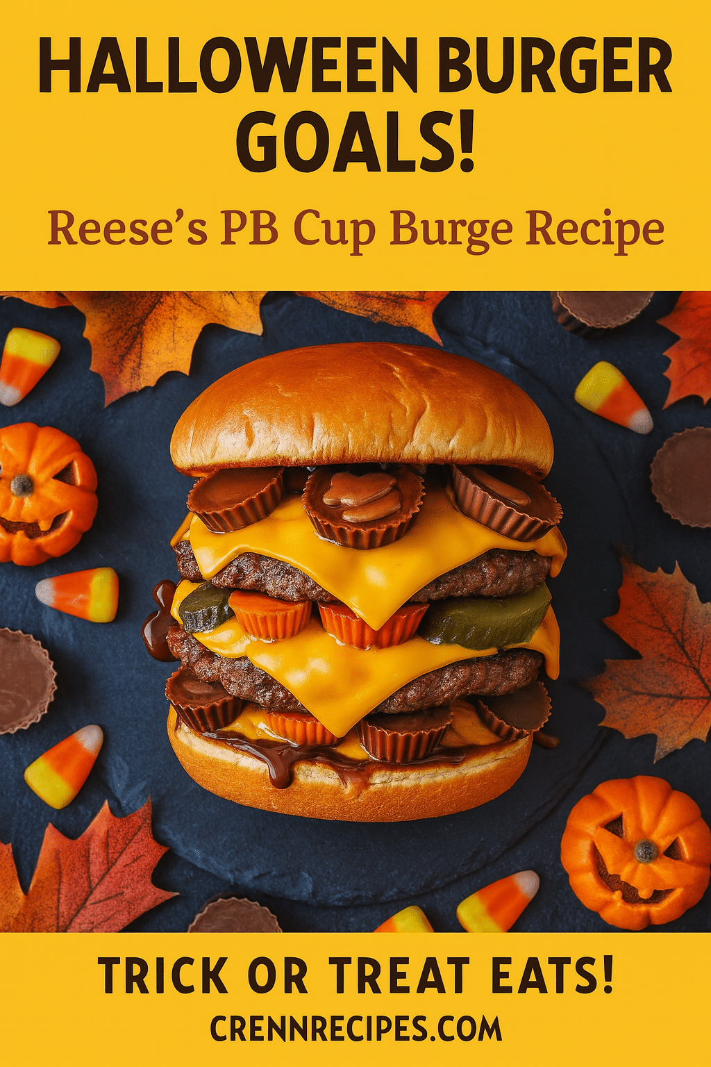 Pinterest pin for Halloween burger with Reese's Peanut Butter Cups - ultimate spooky season recipe