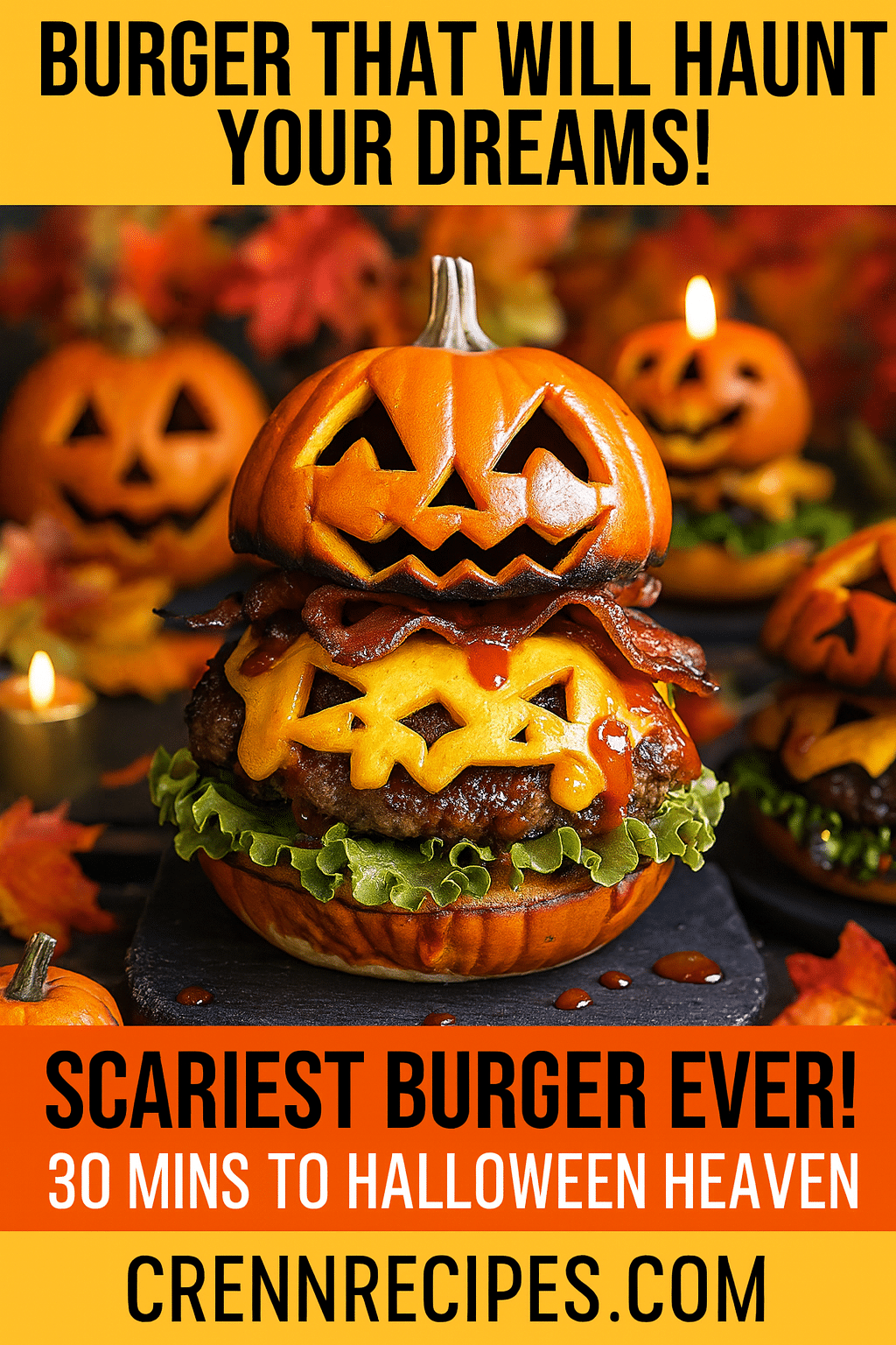Pinterest pin for Halloween Pumpkin Burger - 30 mins to Halloween heaven elegant-entrees