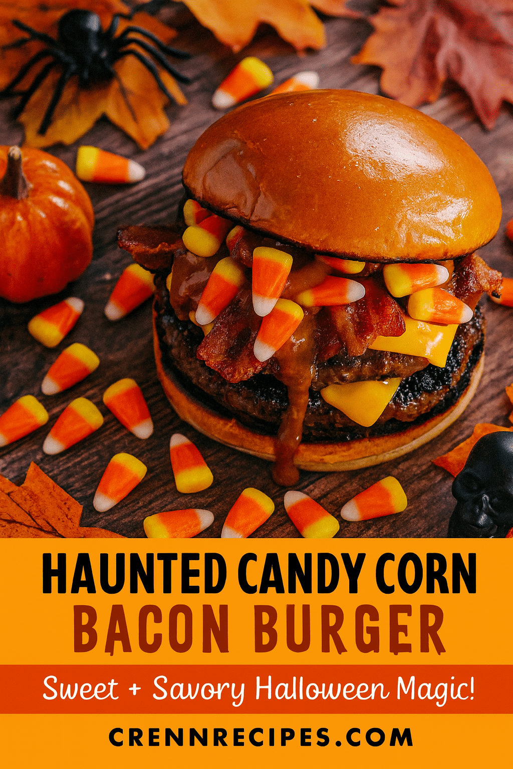 Pinterest pin for Haunted Candy Corn Bacon Burger - Halloween party recipe