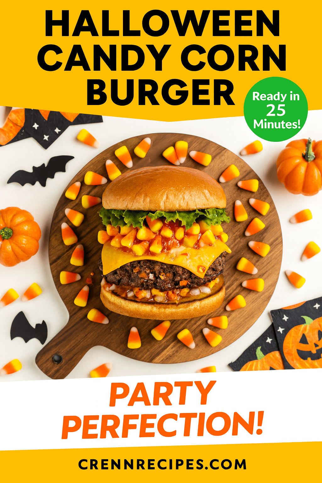Pinterest pin for Halloween Candy Corn Burger - ready in 25 minutes gourmet appetizers