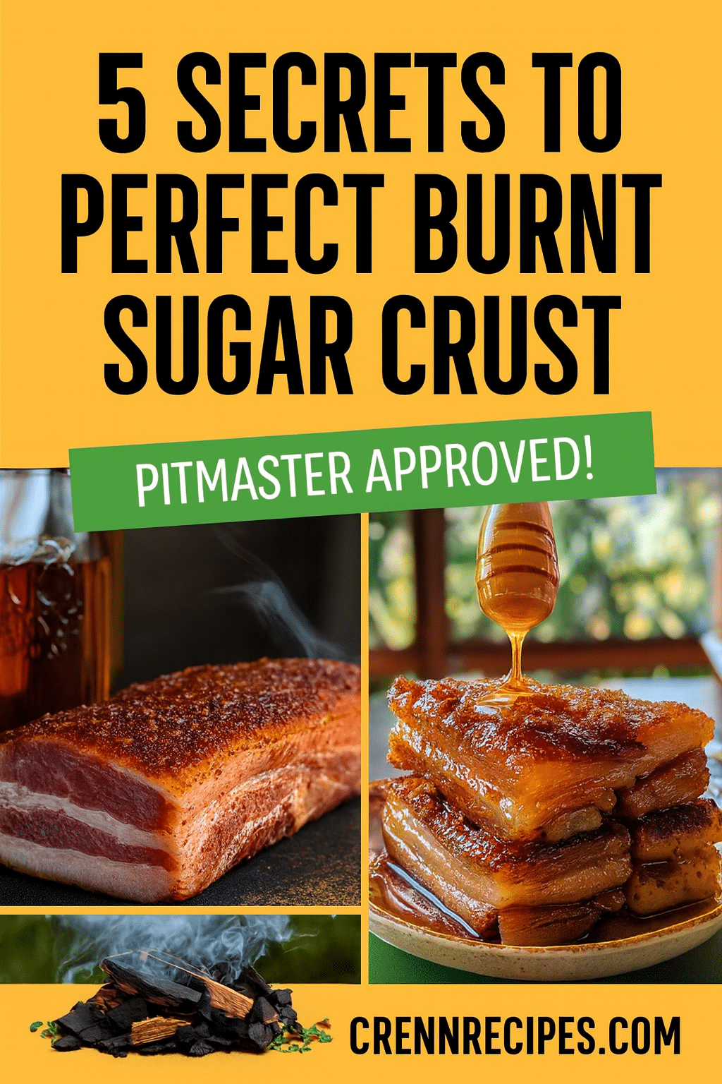 Pinterest pin for honey bourbon pork belly - 5 secrets burnt sugar crust gourmet appetizers