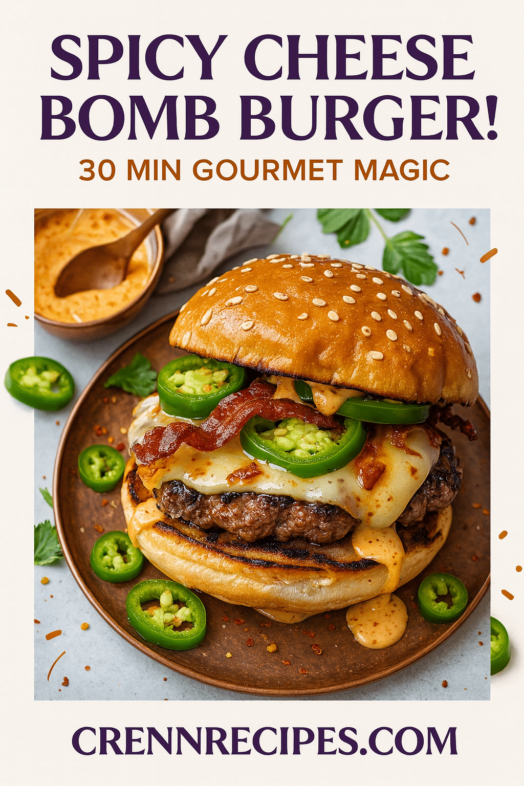 Pinterest pin for Inferno Jalapeño Cheese Bomb Burger - 30 min gourmet magic elegant entrees