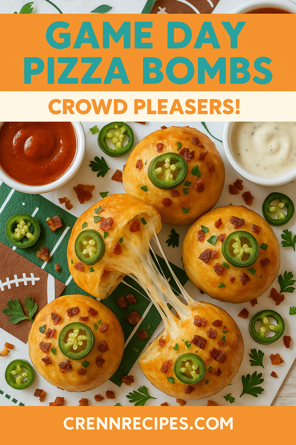 Pinterest pin for Triple Cheese Jalapeño Pizza Bombs - Game Day crowd pleasers gourmet appetizers