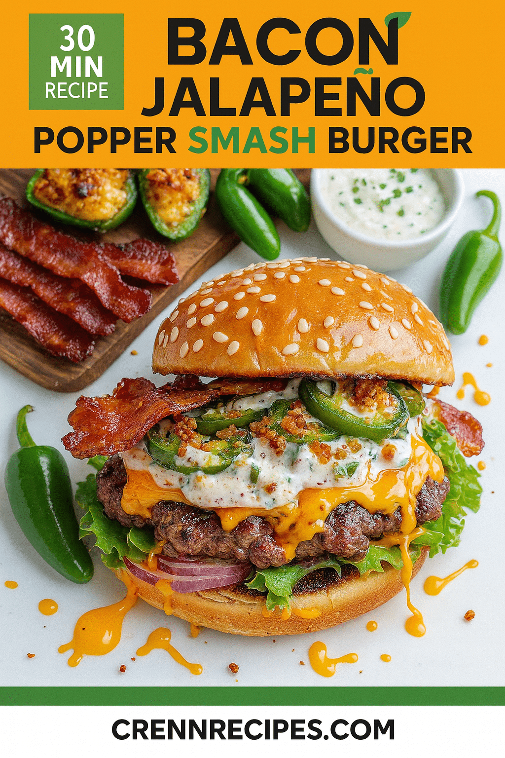 Pinterest pin for Bacon-Stuffed Jalapeño Popper Smash Burger - 30 min recipe gourmet-appetizers