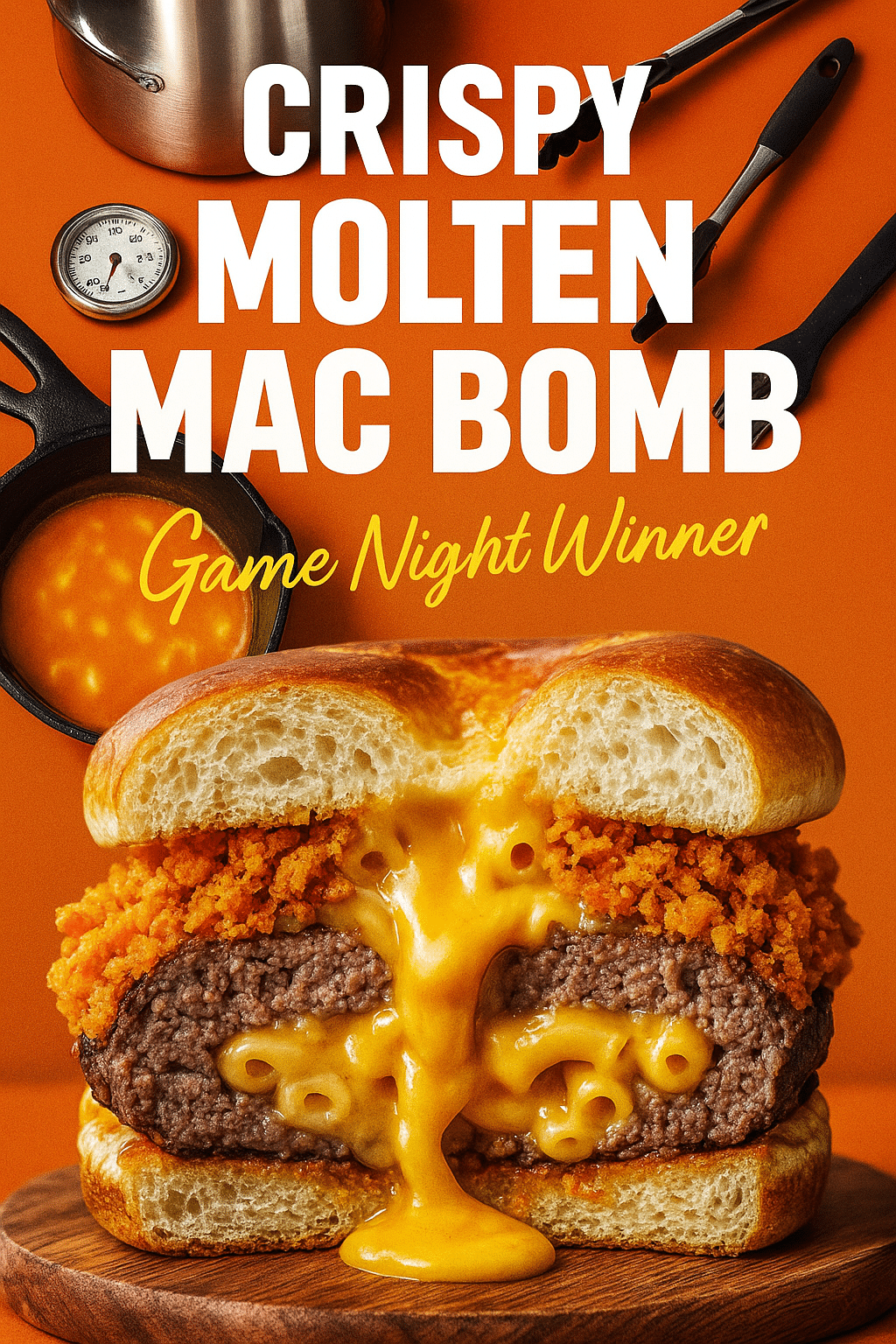 Spicy mac and cheese burger bomb cross-section showing molten center and crispy Cheetos coating