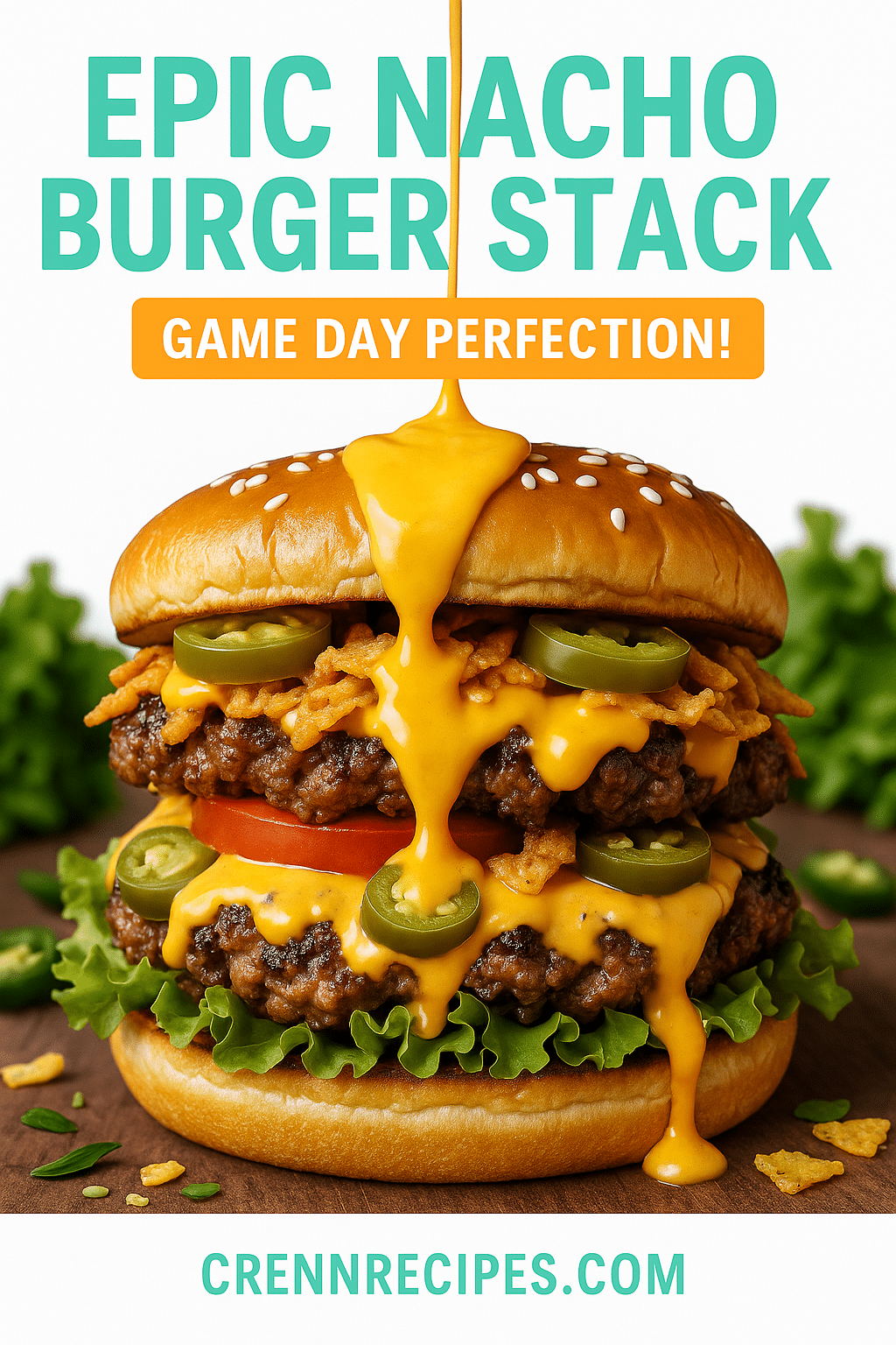 Pinterest pin for Triple Nacho Queso Lava Burger - Game Day Perfection gourmet-appetizers