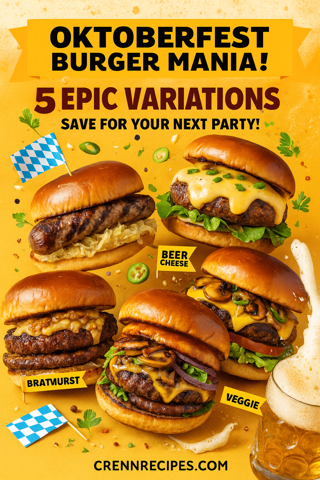 Pinterest pin for Oktoberfest burger variations - 5 epic bratwurst burger recipes