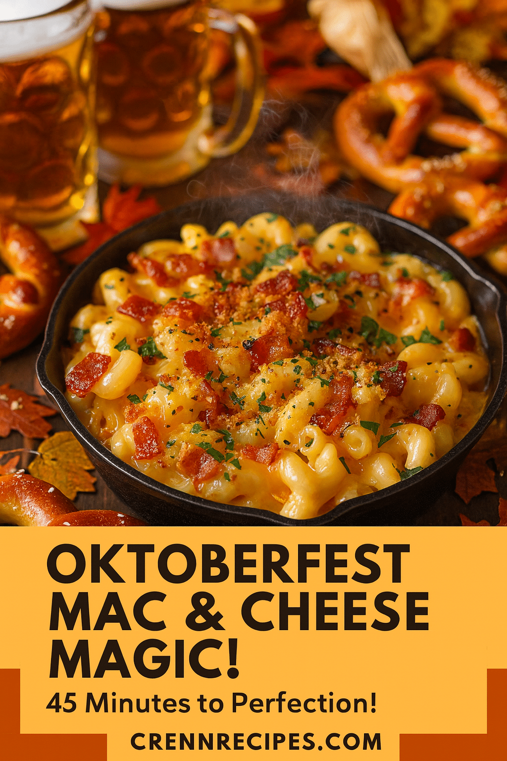 Pinterest pin for Oktoberfest Bacon Beer Mac & Cheese - 45 Minutes to Perfection fall comfort food