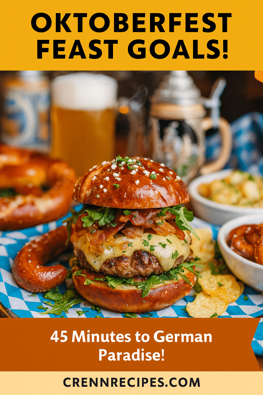 Pinterest pin for Oktoberfest Loaded Pretzel Bun Pork Burger - 45 minutes german feast elegant-entrees